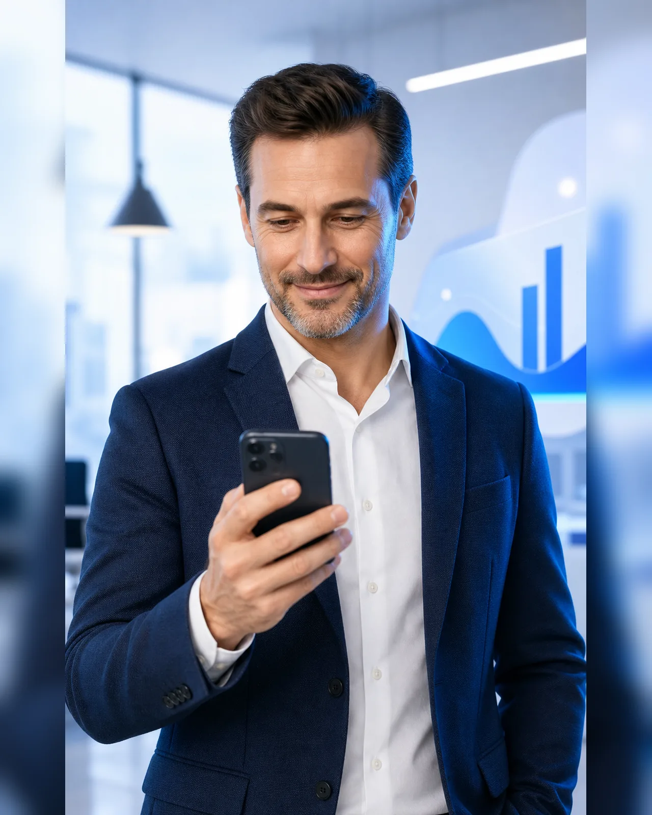 Magabiztos üzletember telefonnal, modern iroda