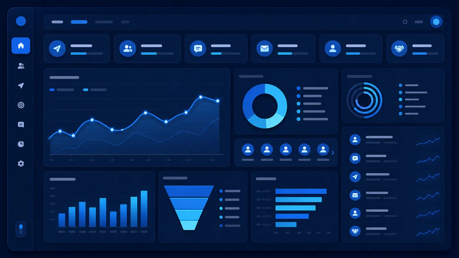 Kampány-riport dashboard (KPI-k, grafikonok, sötét navy UI)
